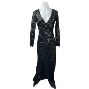 Women's Black Sequin Sparkly Long Sleeve V Neck Evening Gown Maxi Dress Size S/M
